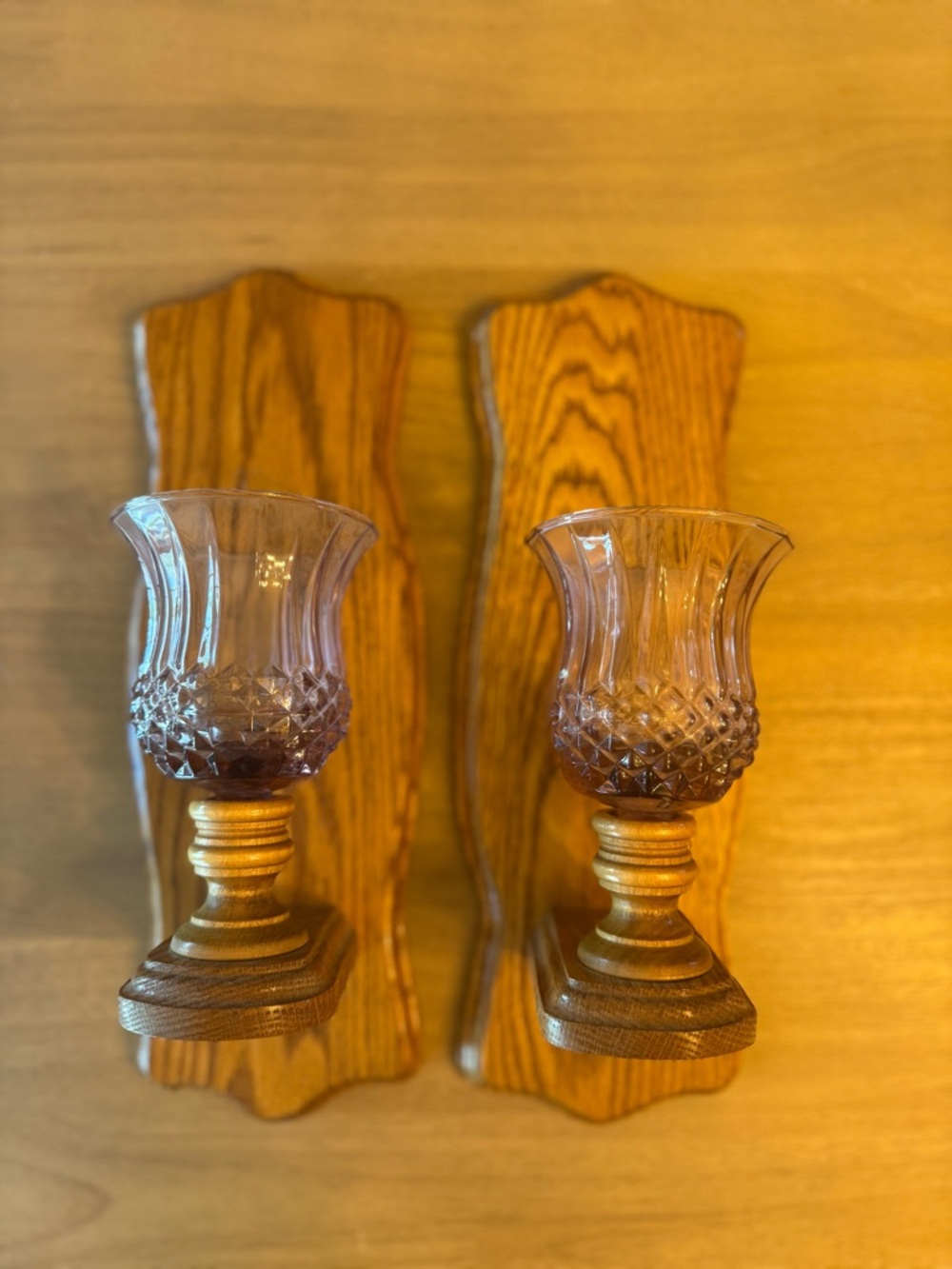 Vintage wooden sconces with removable purple glass votives (set of 2)
